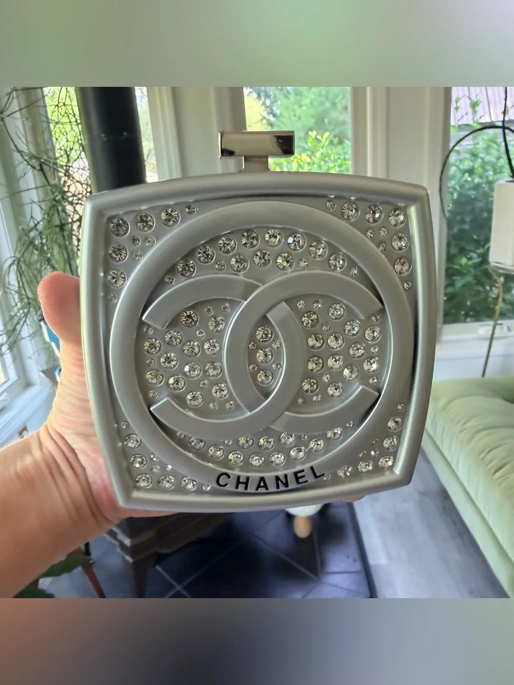 Fashion Chanel Silver Crystal 'CC' Clutch w Silver Tone Leather Link Chain NEW